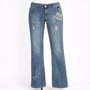 Y2K Apple Bottoms Womens Blue Paint Splatter Straight Leg Jeans 14 Medium Wash